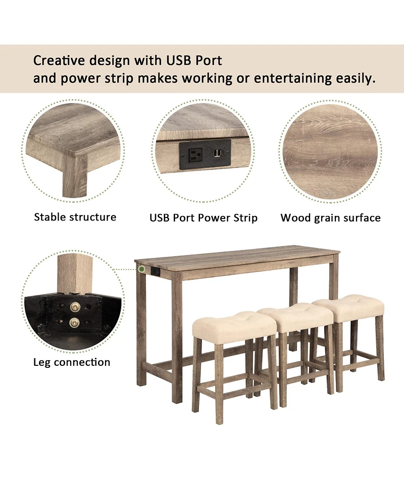 Rainsken Bar Table and Chairs Set of 4, Industrial Height Dining with 3 Padded Stools Power Outlet for Living Room