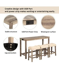 Rainsken Bar Table and Chairs Set of 4, Industrial Height Dining with 3 Padded Stools Power Outlet for Living Room