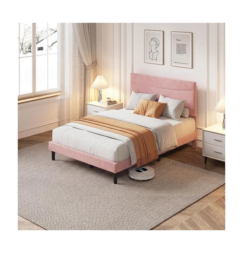 gaomon Upholstered Platform Bed Frame with Headboard - Mdf and Wood Slat Support, Quiet, Easy Assembly