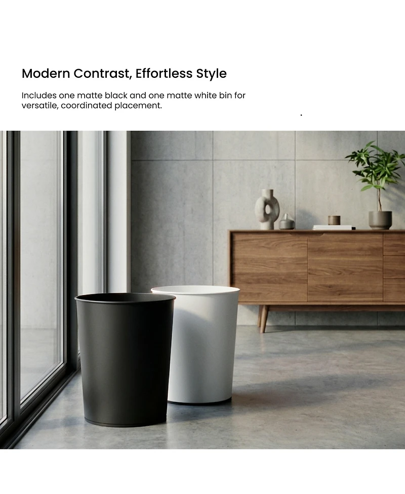 Home Zone Living 1.5 Gallon Round Open Top Wastebasket, Stainless Steel, Matte White and Matte Black, 2 Pack with Trash Bags