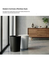 Home Zone Living 1.5 Gallon Round Open Top Wastebasket, Stainless Steel, Matte White and Matte Black, 2 Pack with Trash Bags