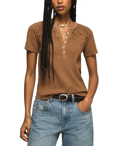 Lucky Brand Women's Short-Sleeve Cutwork Henley Top