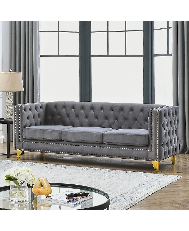 Maison Boucle 80.5'' Velvet Chesterfield Sofa Couch, Tufted 3-Seater, Nailhead Trim