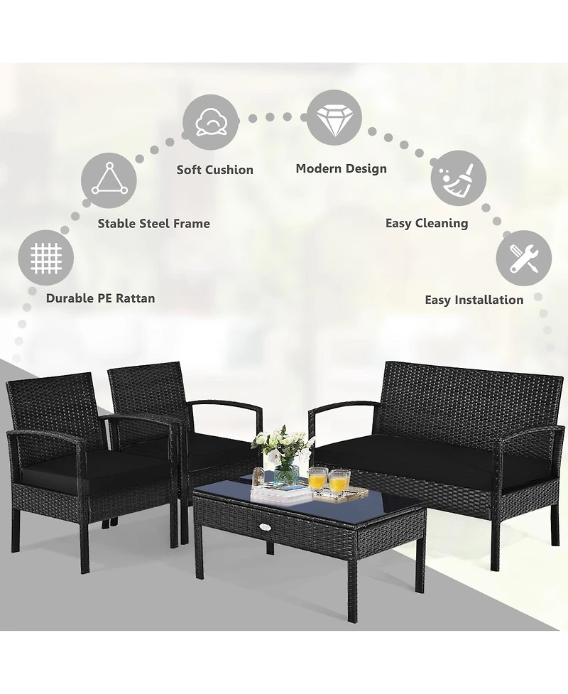 Sugift 4 Piece Patio Rattan Furniture Set with Cushioned Seating