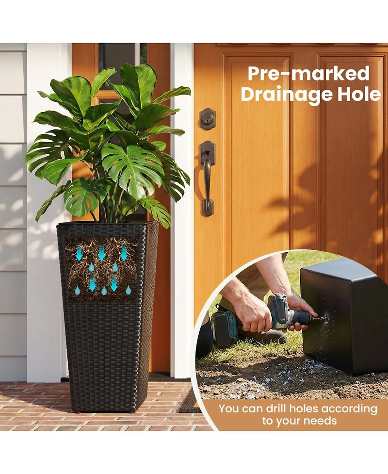 Gymax 2Pieces Rattan Tall Plant Pots with Detachable Plastic Liners Pre-Marked Drainage Hole