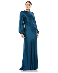 Mac Duggal Petite Beaded High Neck Bishop Sleeve Satin Gown