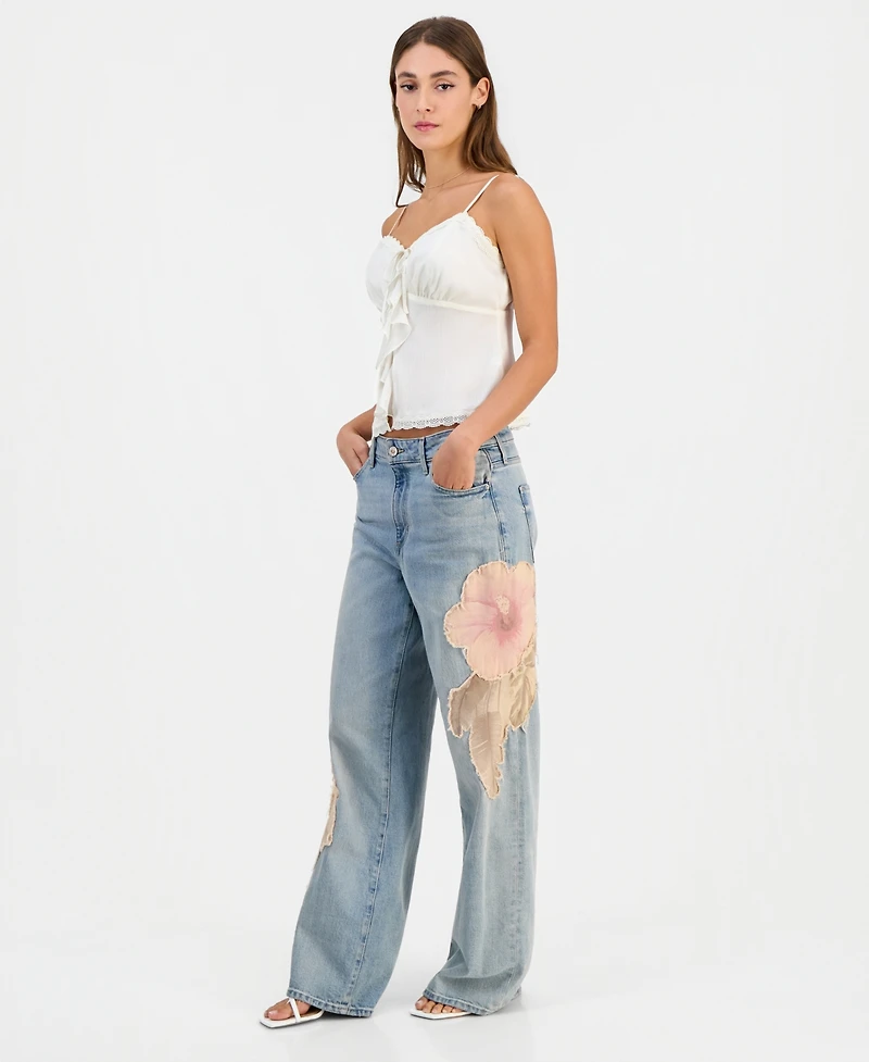 Guess Women's Rey Floral Applique Wide-Leg Jeans