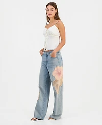 Guess Women's Rey Floral Applique Wide-Leg Jeans