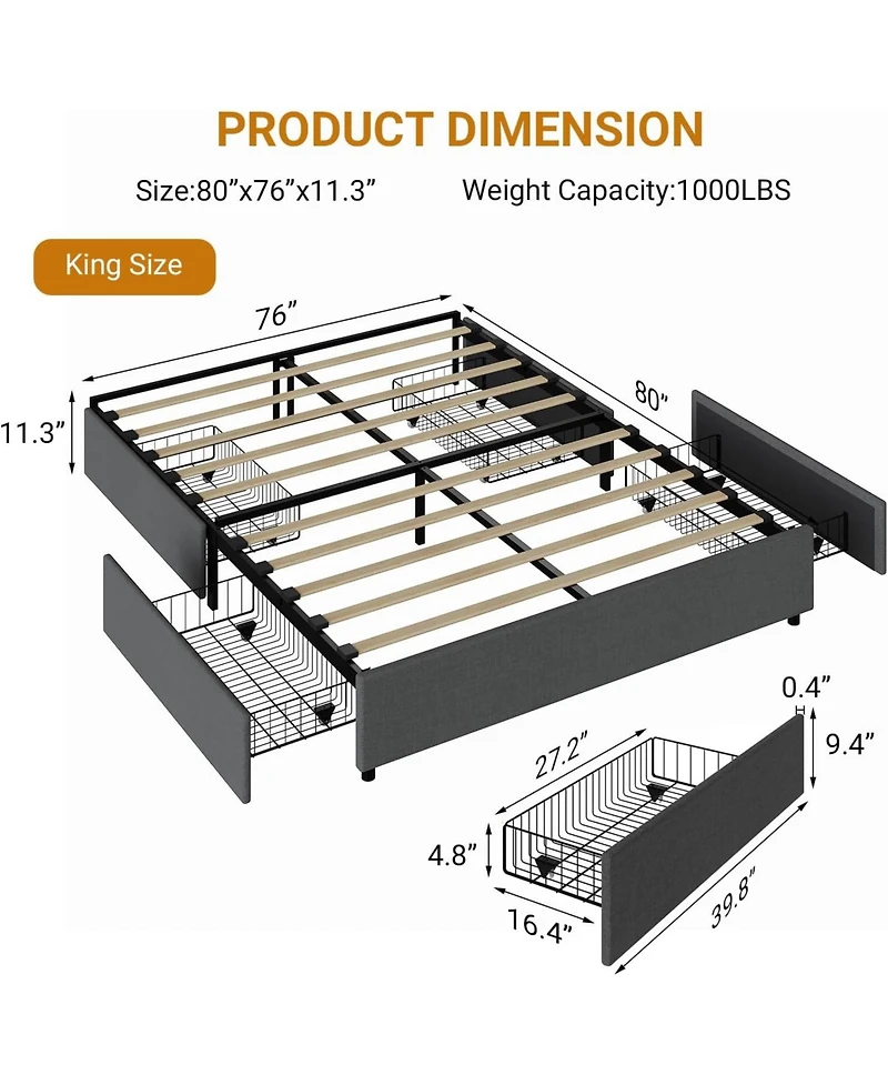 gaomon Platform Bed Frame with 4 Storage Drawers, Linen Fabric Upholstered Wooden Slats Support, No Box Spring Needed, Noise Free