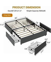 gaomon Platform Bed Frame with 4 Storage Drawers, Linen Fabric Upholstered Wooden Slats Support, No Box Spring Needed, Noise Free
