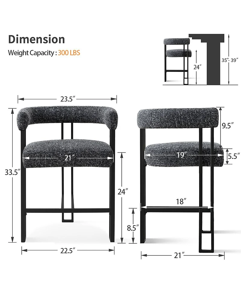 Maison Boucle 24" Fabric Counter Height Stools Set of 4 with Arms, Kitchen Island
