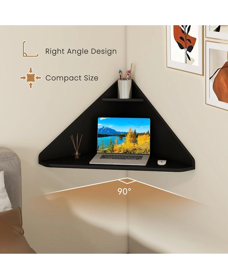 Sugift Floating Triangular Corner Computer Desk with Storage Shelf