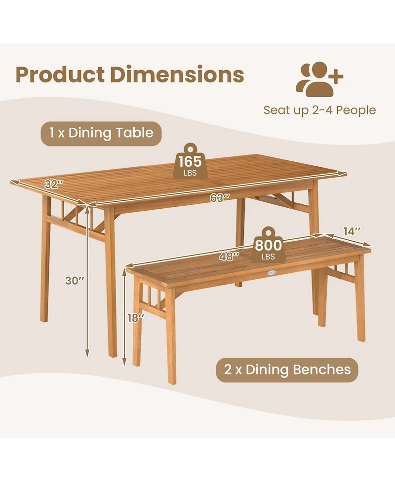 Sugift 63 in Acacia Wood Outdoor Dining Table with Two Benches