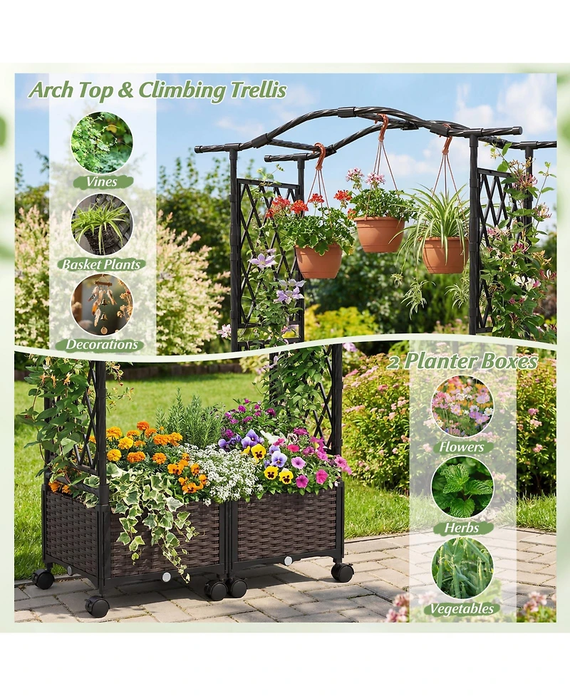 Gymax 2Pieces 5 Ft Self-Watering Planter Boxes w/Lattice Trellis and Roof Lockable Wheels