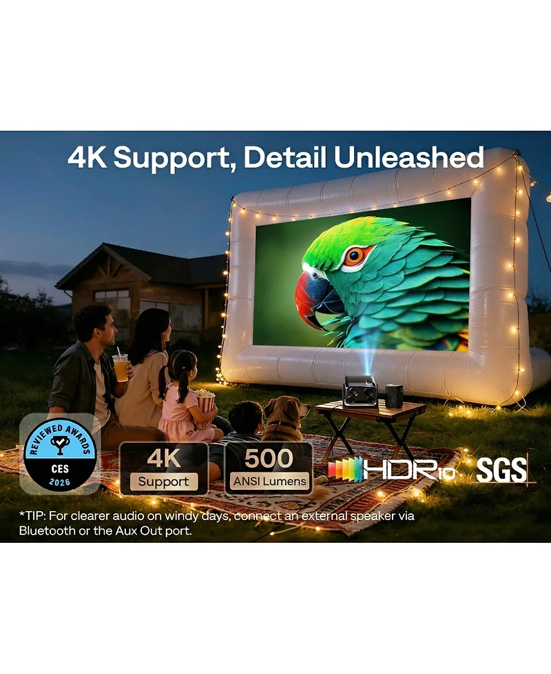 Aurzen Portable Movie Projector with Google Tv Built-in, 500 Ansi Lumens, 4K Support, 20W Speakers with DoIby Audio, Tof Auto Focus