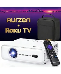 Aurzen Portable Mini Roku Tv Projector with Carrying Case, Roku Built-in, Dustproof Tech, 1080p Fhd, DoIby Audio, Auto Focus and Keystone