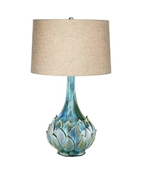 Possini Euro Design Modern Tropical Table Lamp with Usb Dimmer 29 1/2" Tall Blue Green Ceramic Beige Drum Shade for Bedroom Living Room House Bedside