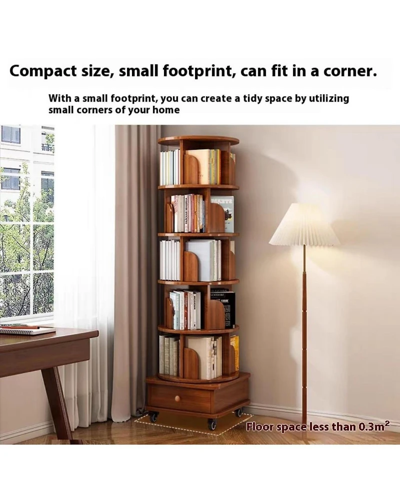 Rainsken 5 Tier Rotating Bookshelf, with Cabinet On Wheel, 360degree(s) Display Spinning Corner Book Shelf Tower, for Bedroom, Living Room, Study Room