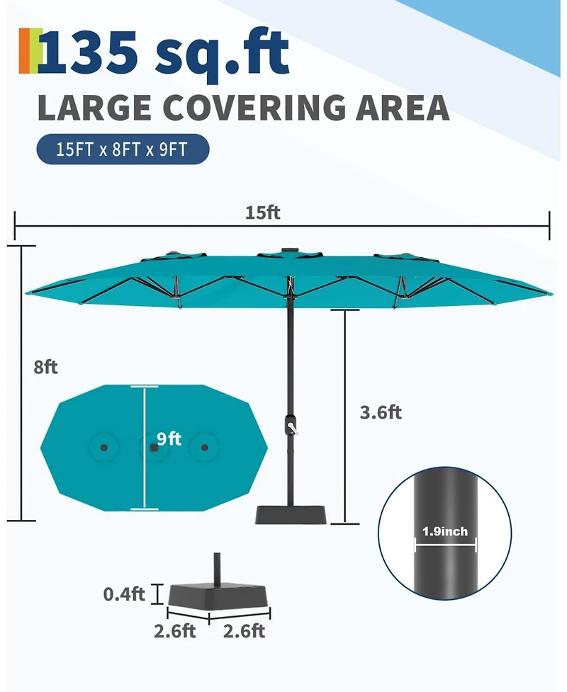 Gaomon Large Outdoor 15FT Double-Sided Rectangular Patio Umbrella with Base for Pool, Lawn