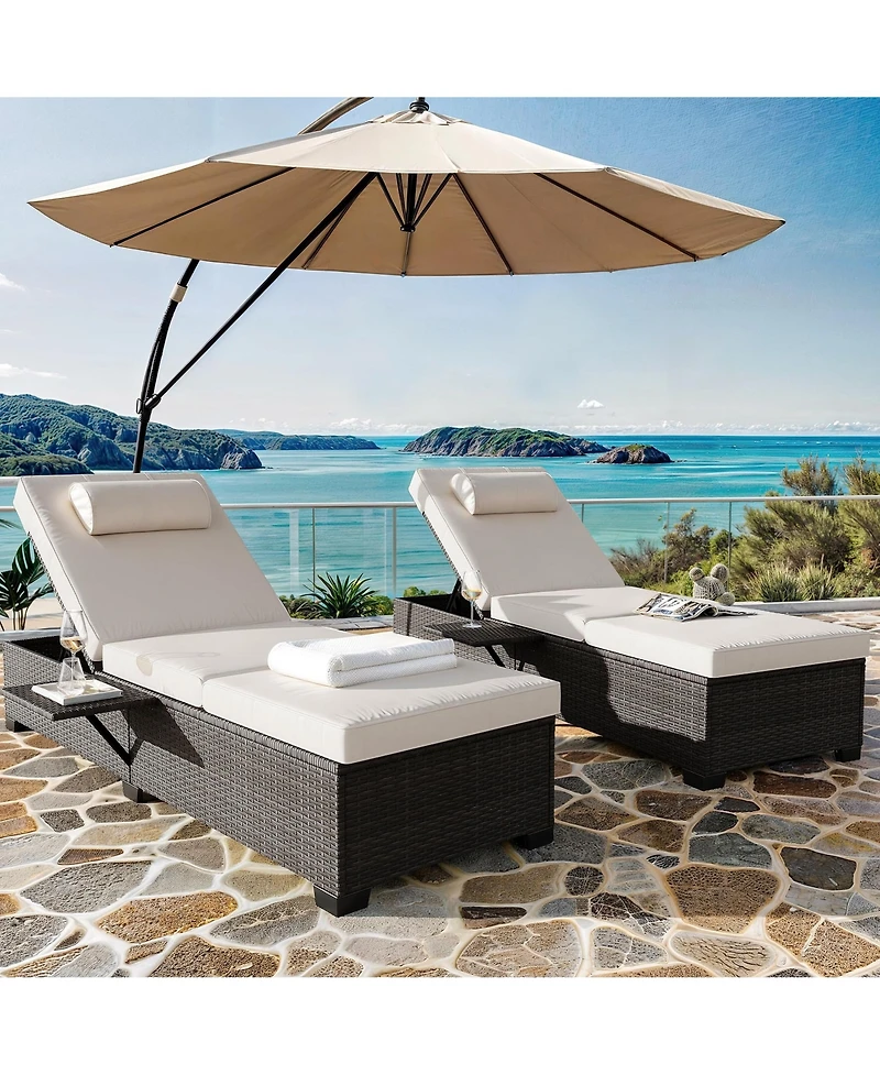 homfan Outdoor Pe Wicker Chaise Lounge Chairs Set of 2, Adjustable Reclining Brown with Cushions, Removable Table Top, Ideas for Patio, Poolside