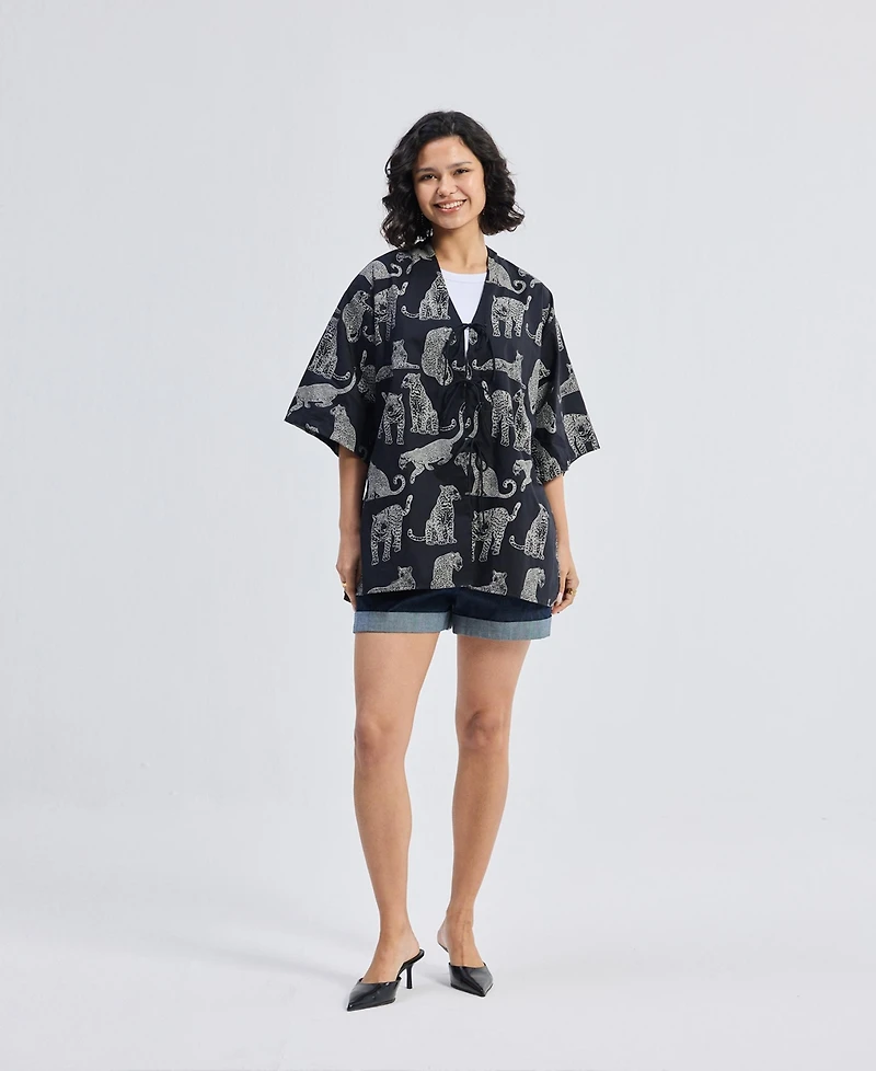Reistor Women's Oversized Shirt with Front-ties Animal Print