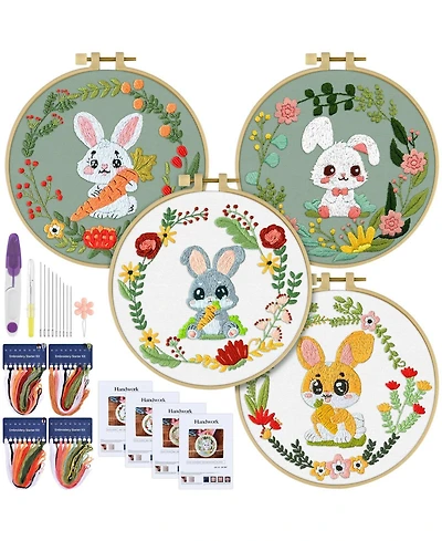 Gnuadz 4 Sets Embroidery Kit Rabbit Animal Cross Stitch Cloth Hoops Threads