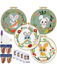 Gnuadz 4 Sets Embroidery Kit Rabbit Animal Cross Stitch Cloth Hoops Threads