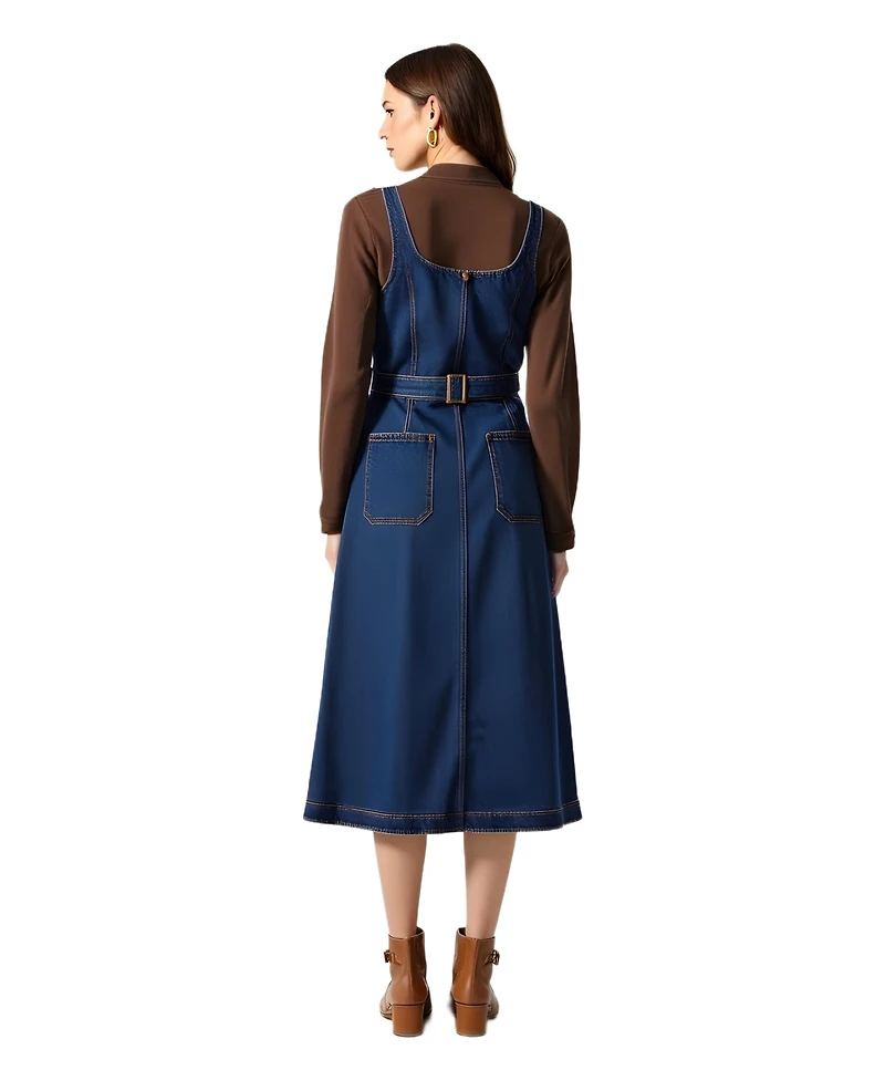 Modenaire Women's Square-Neck Zip-Front Denim Midi Dress with Belt