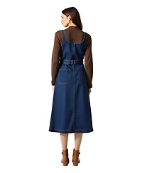 Modenaire Women's Square-Neck Zip-Front Denim Midi Dress with Belt