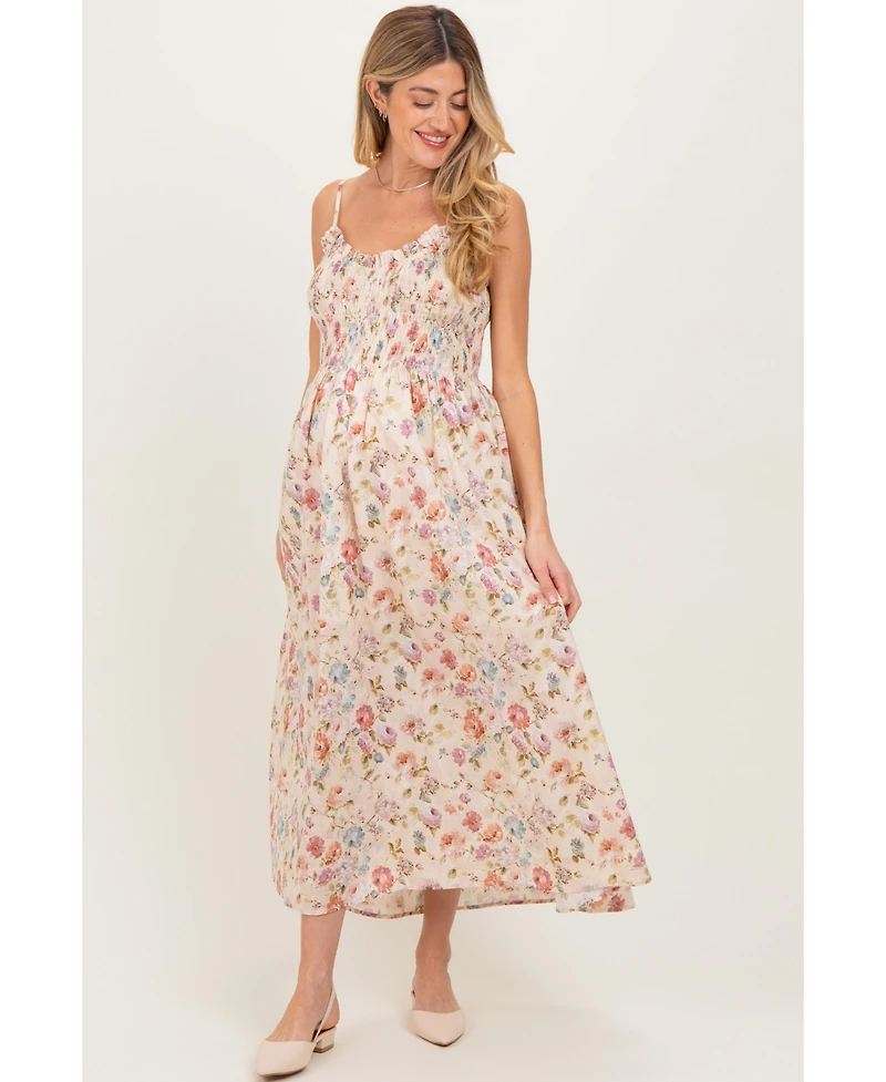 Pinkblush Women's Cream Floral Smocked Ruffle Detail Maternity Midi Dress