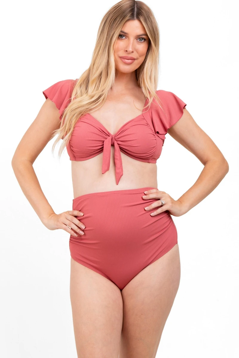 Pinkblush Maternity Pink Ribbed Ruffle Shoulder Front Tie High Waist Two-Piece Swimsuit