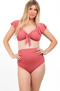 Pinkblush Maternity Pink Ribbed Ruffle Shoulder Front Tie High Waist Two-Piece Swimsuit