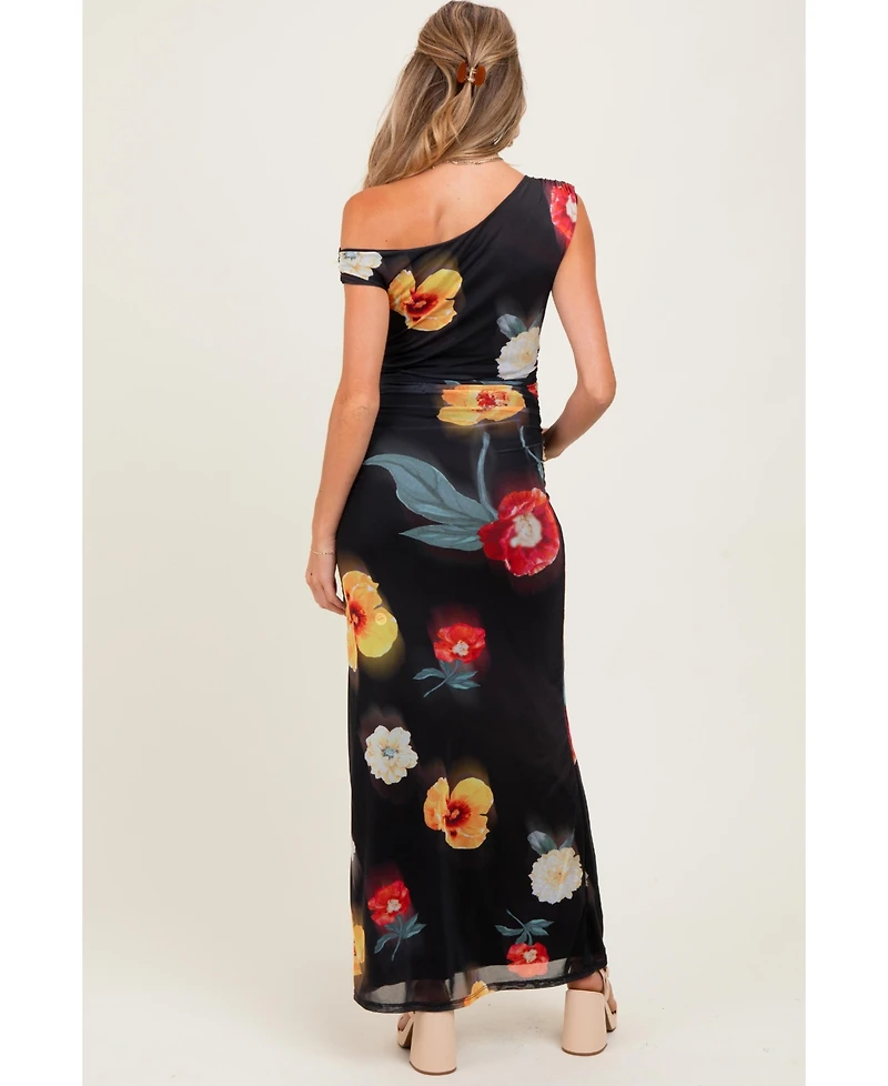 Pinkblush Maternity Black Mesh Floral One Shoulder Maxi Dress