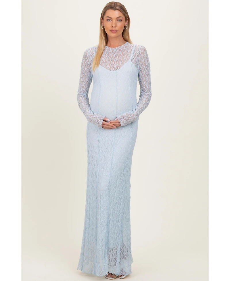 Pinkblush Maternity White Lace Mock Neck Long Sleeve Maxi Dress