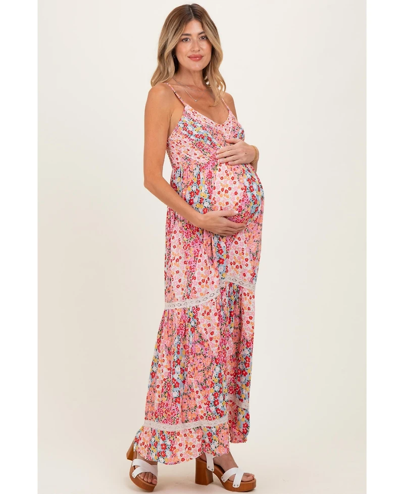 Pinkblush Maternity Pink Smocked Bust V Neck Lace Trim Maxi Dress