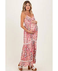 Pinkblush Maternity Pink Smocked Bust V Neck Lace Trim Maxi Dress