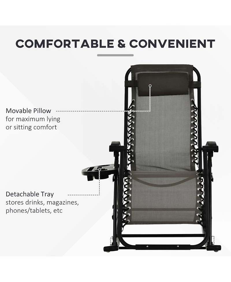 Outsunny Zero Gravity Reclining Rocking Chair, Lounge Rocker, Folding, Pillow, Side Tray, Cup and Phone Holder