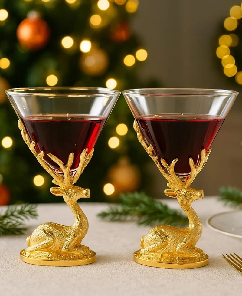 The Wine Savant Gold Stag Antler Sitting Martini Glasses, Set of 2