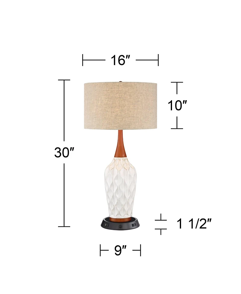 360 Lighting Rocco Modern Mid Century Table Lamp 30" Tall Ceramic with Dimmable Usb and Ac Power Outlet in Base Tan Drum for Living Room House