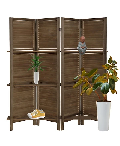 Rainsken 4 Panel Room Divider with Shelves, 5.6 ft Tall Room Dividers and Folding Privacy Screens, for Bedroom Home Office, No Assembly Required
