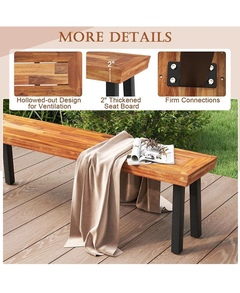 Gymax Outdoor Acacia Wood Benches Set of 2 with Slatted Top and Flared Metal Legs