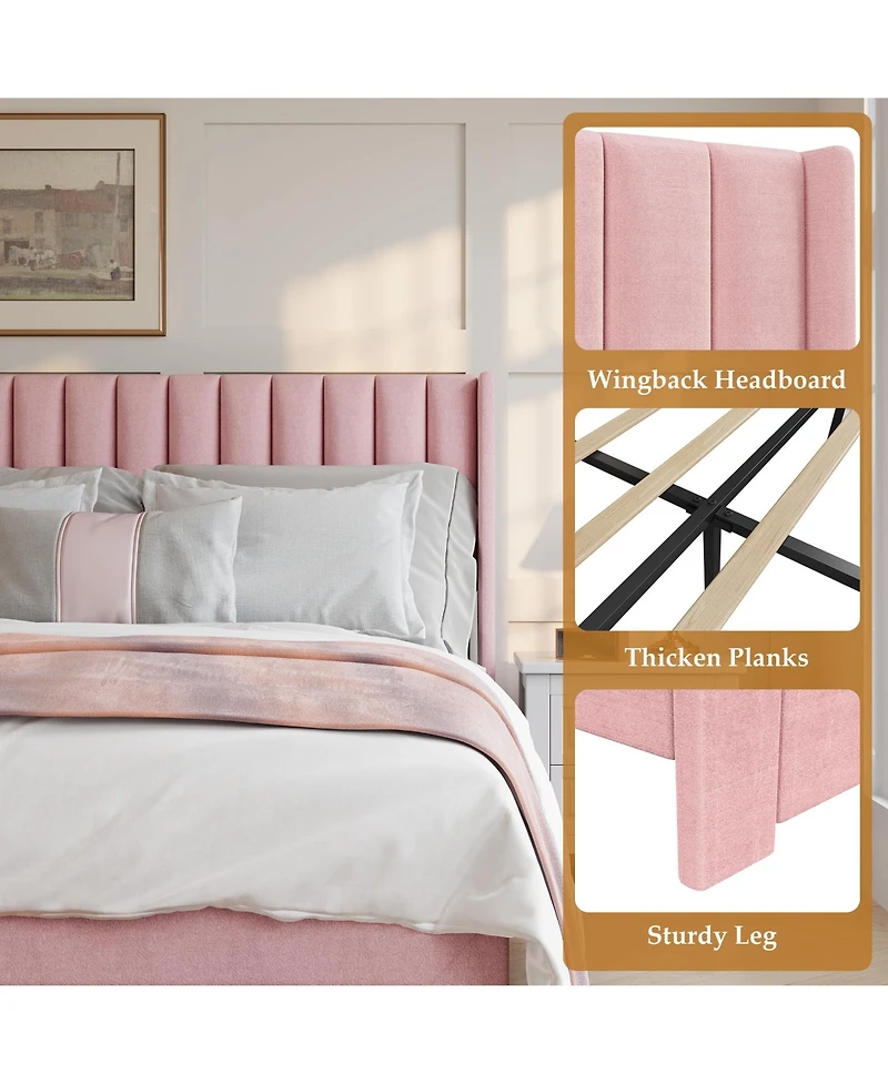 gaomon Velvet Wingback Platform Bed with 2 Storage Drawers Upholstered Bed Frame, Wooden Slats, No Box Spring Needed