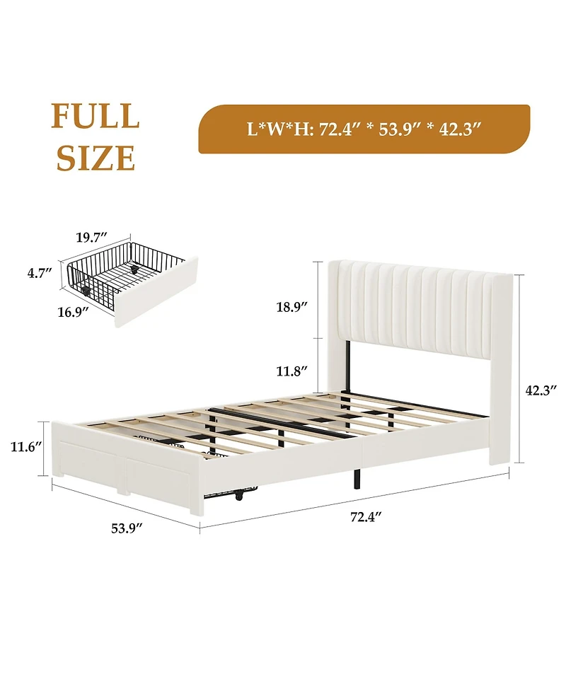 gaomon Velvet Wingback Platform Bed with 2 Storage Drawers Upholstered Bed Frame, Wooden Slats, No Box Spring Needed