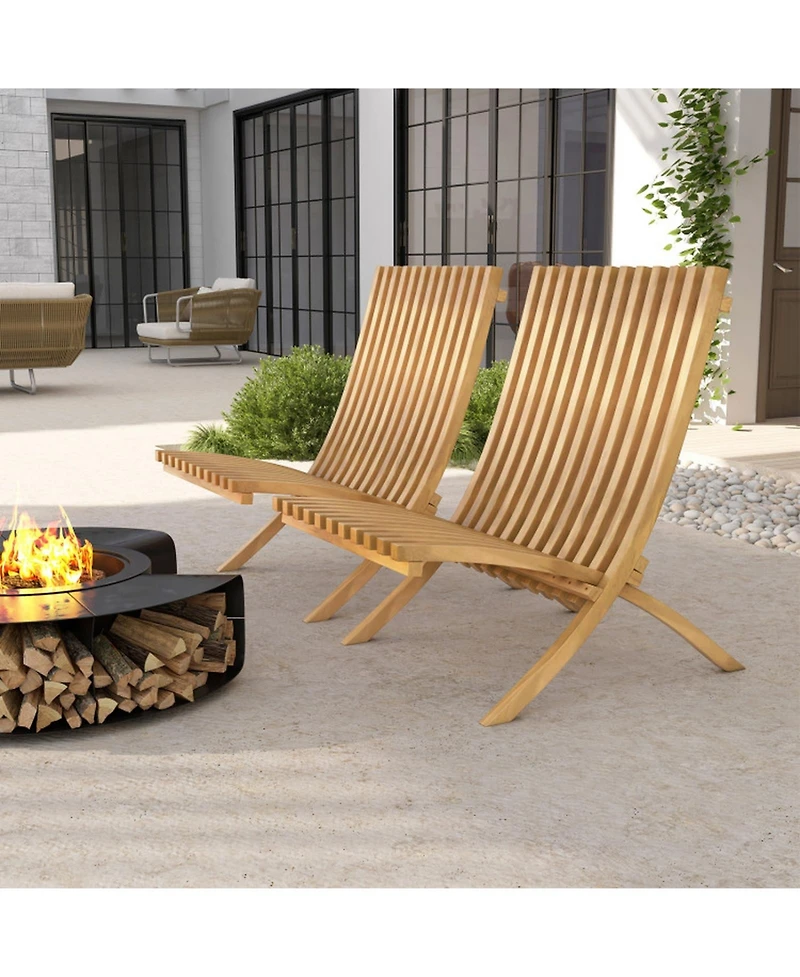 Gouun Folding Teak Wood Outdoor Lounge Chair with Slatted Seat and Backrest, 14 in Seat Height