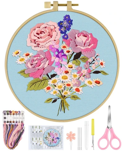 Embroidery Kit Beginners Flower Cross Cloth Hoops Threads