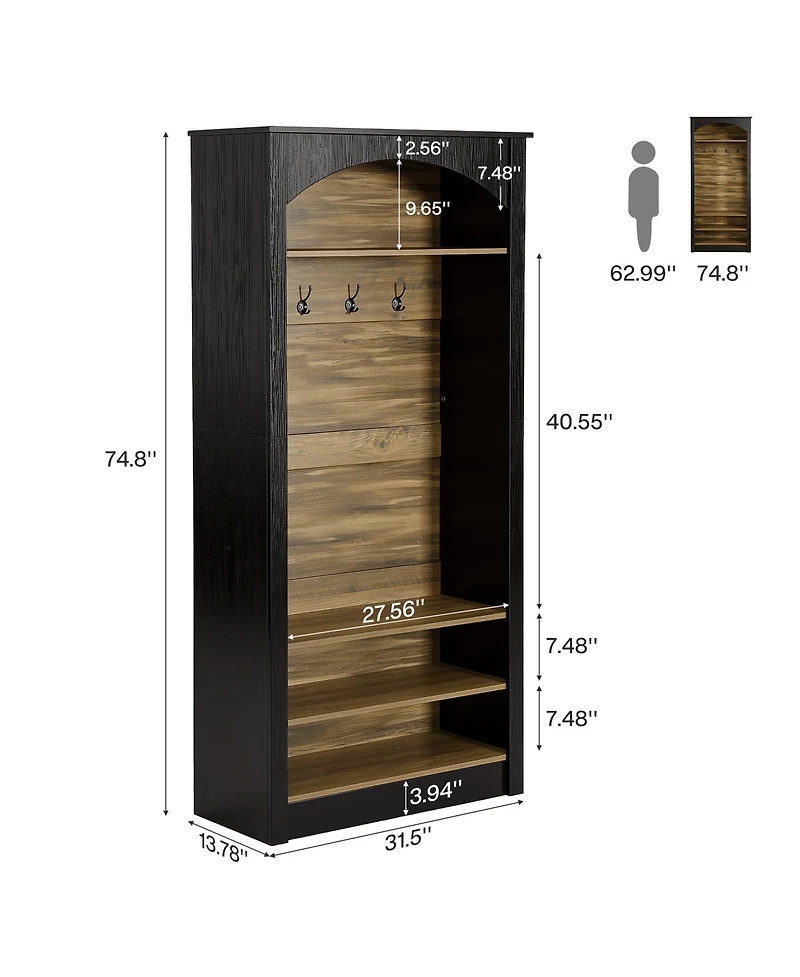 Tribesigns 74.8" Hall Tree with Shoe Storage, 3-Tier Narrow Shoe Rack with Coat Rack, Farmhouse Hall Tree with 4 Double Coat Hooks