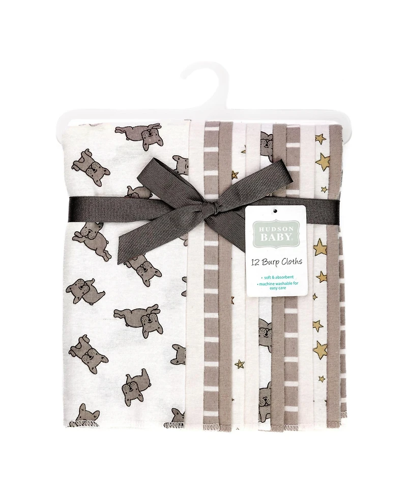Hudson Baby Infant Cotton Poly Flannel Burp Cloths Bundle 12-Pack, French Bulldog Stars, One Size