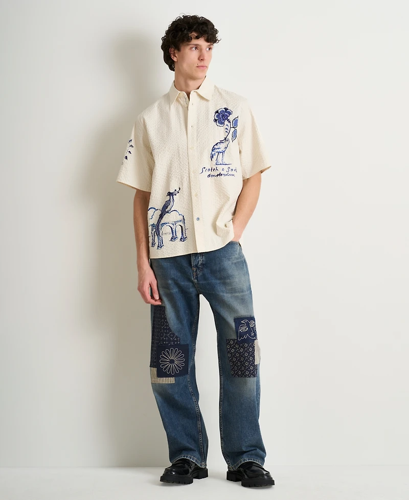 Scotch & Soda Men's Delfts Blauw Artwork Camp Collar Shirt