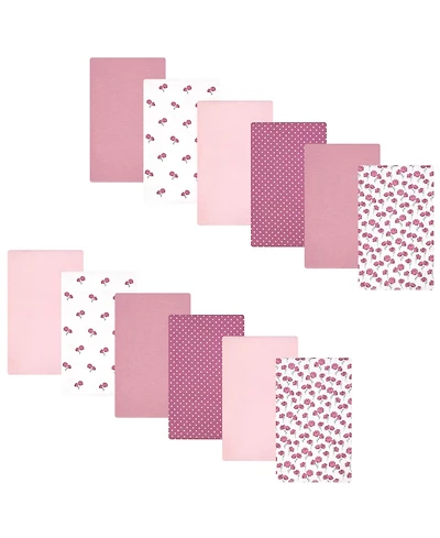 Hudson Baby Girl Cotton Poly Flannel Burp Cloths Bundle 12-Pack, Wild Rose Floral, One Size