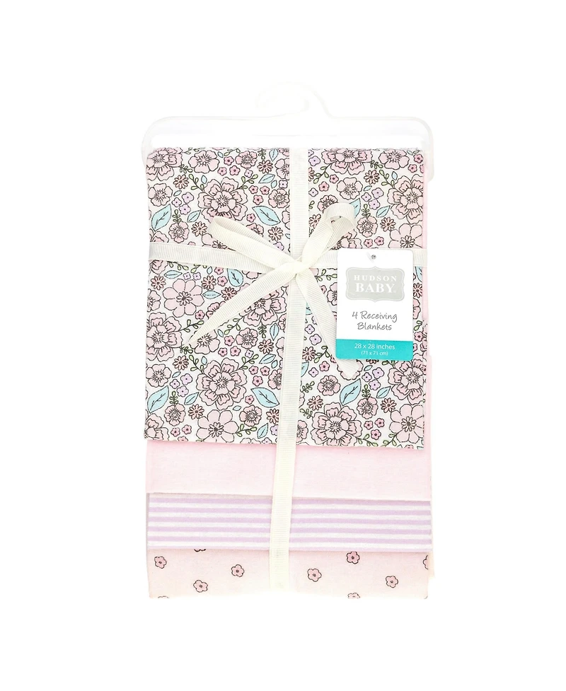 Hudson Baby Girl Cotton Poly Flannel Receiving Blankets, Outline Floral Soft Pink, One Size